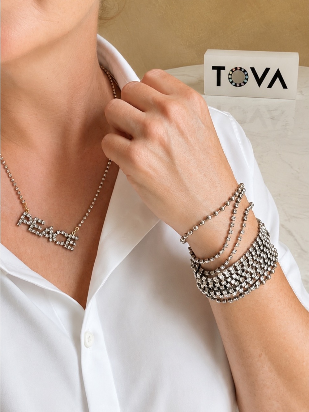 TOVA multi crystal Silver Crystal Runway Mesh Cuff